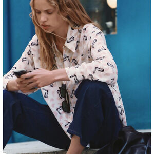 Zara Beige & Pink Western Button Up Shirt Paisley & Boot Cowgirl Print Top Large